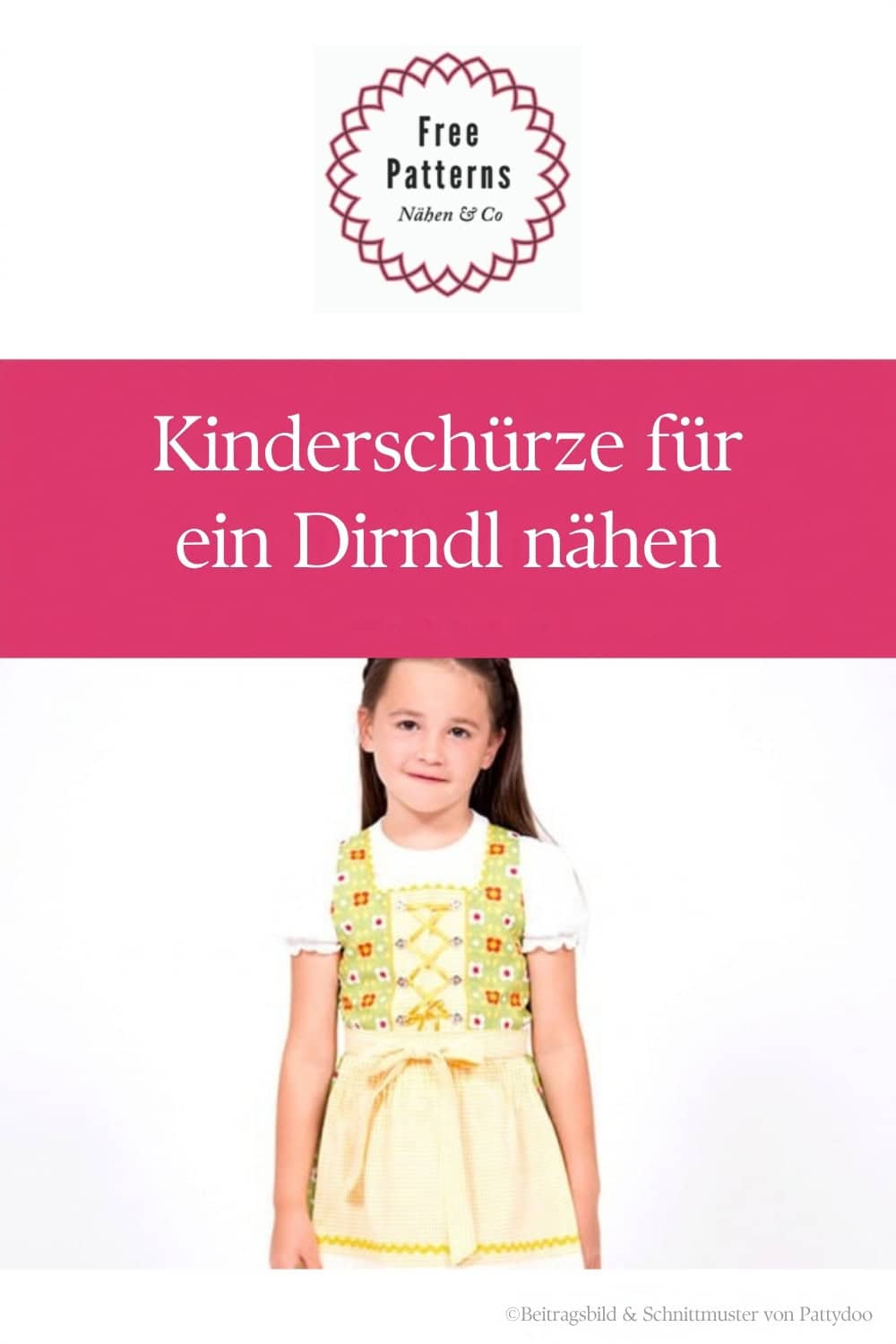 Pinterest Pin: Kinderschürze für ein Dirndl nähen, kostenloses Schnittmuster von Pattydoo