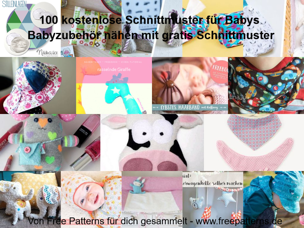 Collage 100 kostenlose Schnittmuster für Babyzubehör