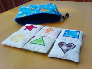Schnittmuster Farbe-Form-Säckchen für Babys: Herz, Dreieck, Stern, Quadrat, Pfeil, Kreis.