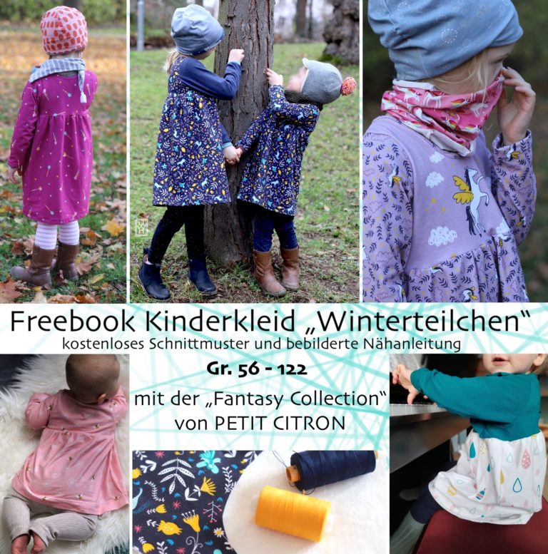 Gratis Schnittmuster Langarm-Kinderkleid „Winterteilchen“ (Gr. 56-122) von Lila wie Liebe